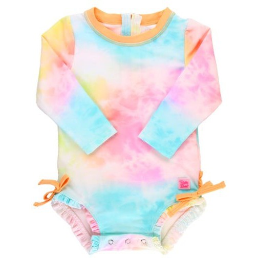 RuffleButts Long Sleeve One Piece Rash Guard | Rainbow Tie Dye