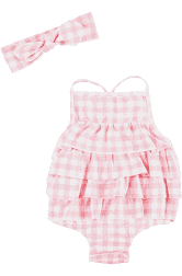 Mud Pie - Pink Gingham Swimsuit and Headband