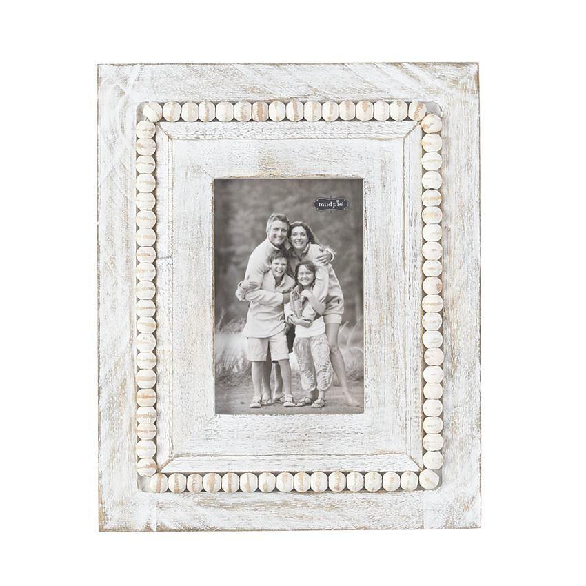 Mud Pie Large Beaded Wood Frame - Whitewash